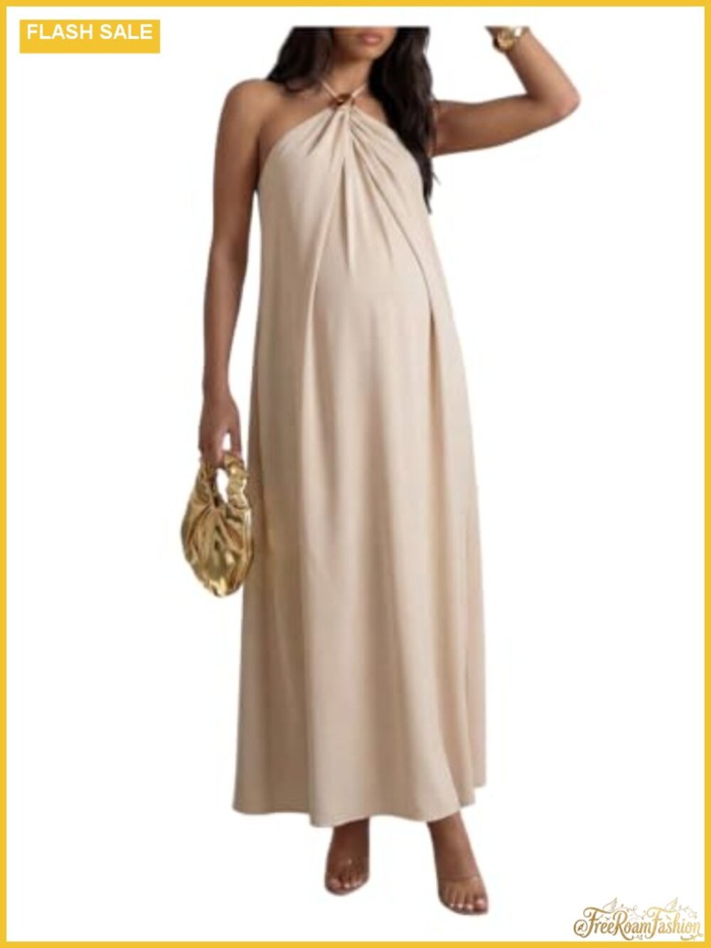 Maternity Halter Maxi Dress Metal Buckle Open Back Sleeveless Summer Loungewear